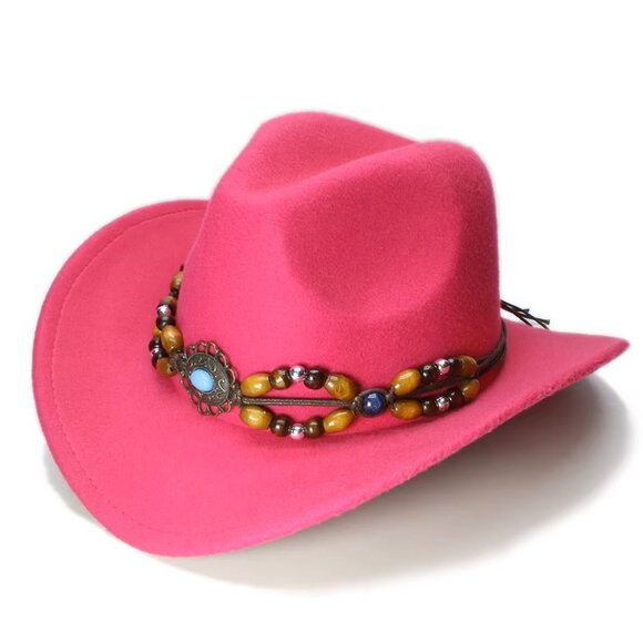 Pink Cowboy & Cowgirl Hat – Wide Brim, Turquoise Beads,‎ Retro Western Look - Picture 1 of 3